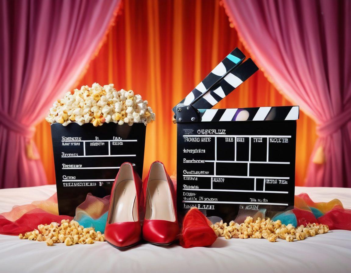 A whimsical film clapperboard split in half, one side showcasing a sultry red lips and silk sheets, while the other side features oversized clown shoes and a bright colorful rainbow. Lively popcorn bursts around them, hinting at humor and playfulness woven into the world of naughty films. The background is a dreamy cinema scene with sparkling lights. vibrant colors. playful and cartoonish style.