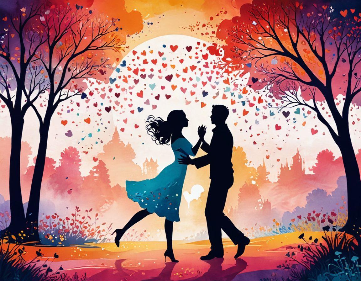 A whimsical illustration depicting a playful dance between laughter and desire, with vibrant, ethereal colors. Silhouettes of couples sharing joyous moments, surrounded by whimsical elements like hearts, laughter bubbles, and flirtatious motifs. The background features a dreamy landscape that inspires romance and happiness. Art style: colorful painting with a slight surreal twist.