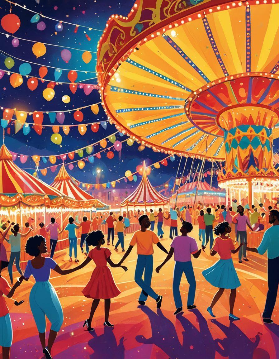 A whimsical and colorful illustration showcasing a vibrant carnival-like atmosphere with adults enjoying various playful activities, such as laughter, dance, and games. Incorporate elements of adult entertainment like lively performances and artistic displays in an open, inviting setting. Enhance the composition with warm lighting and a backdrop of joyous expressions. Use a cartoonish and vibrant art style to emphasize fun and celebration. bright colors. cartoon style.